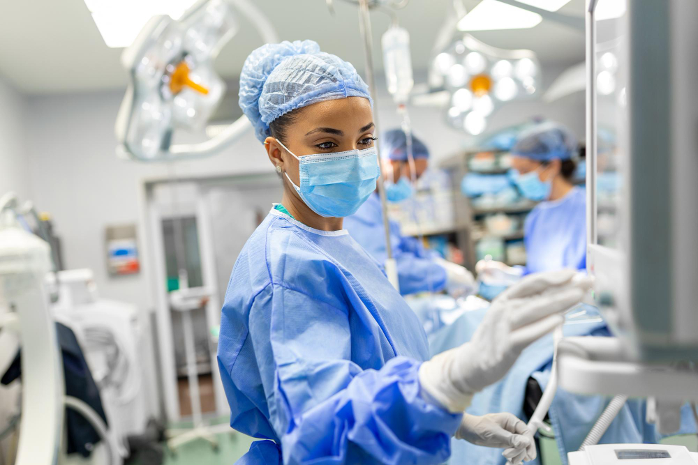 portrait young female doctor scrubs protective face mask preparing anesthesia machine before operation