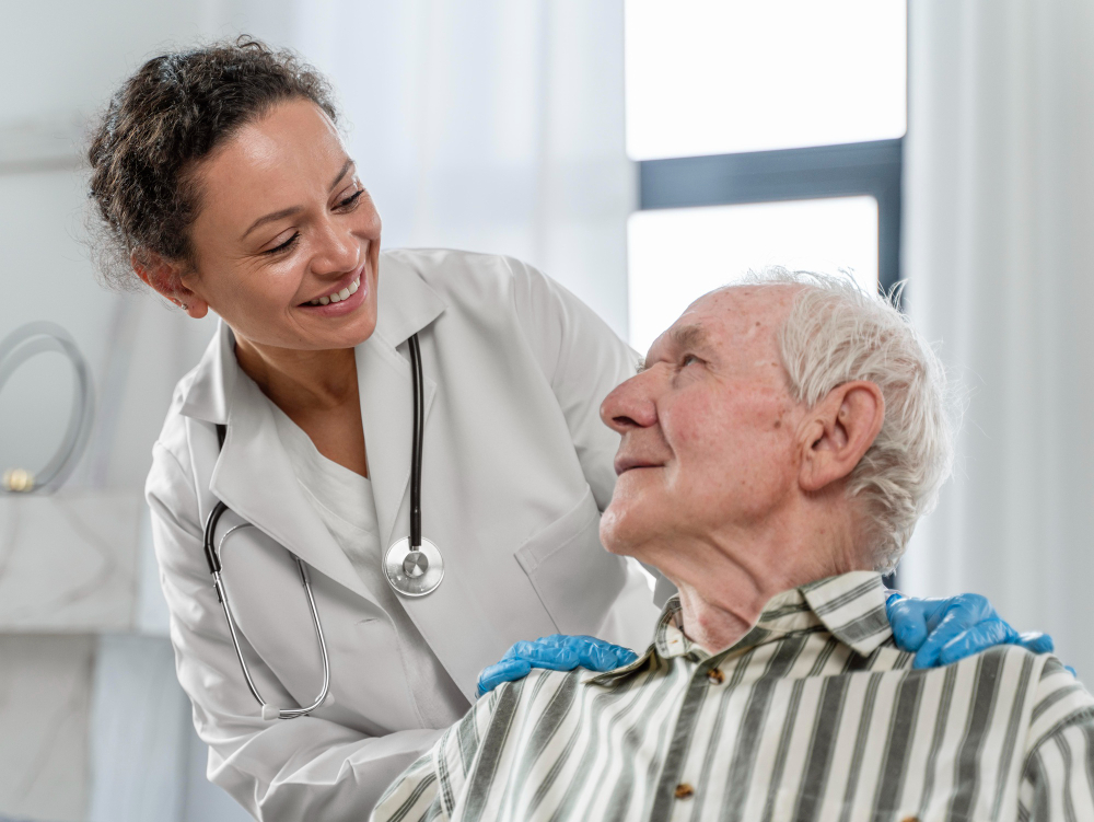 senior man sitting wheelchair doctor