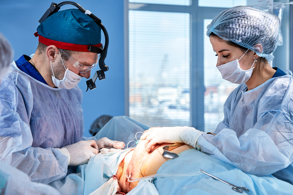 doctor performs operation reconstruct female breast close up plastic surgeon performing implantation procedure breast cancer