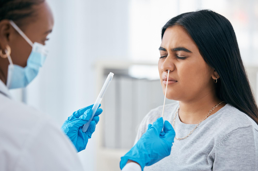 healthcare covid test with doctor patient consultation room hospital science research medical woman corona test with nose swab sample innovation laboratory analysis