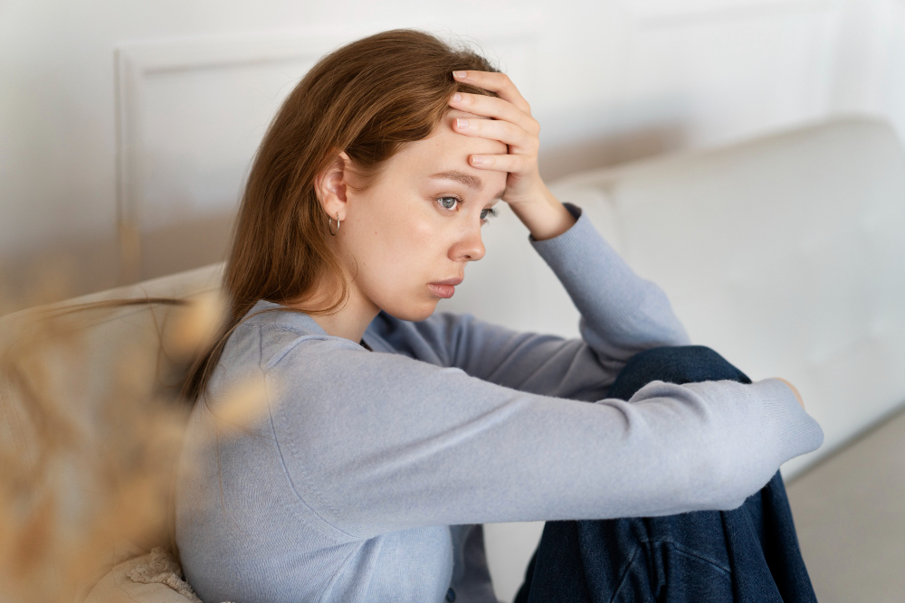 anxious woman sitting couch side view