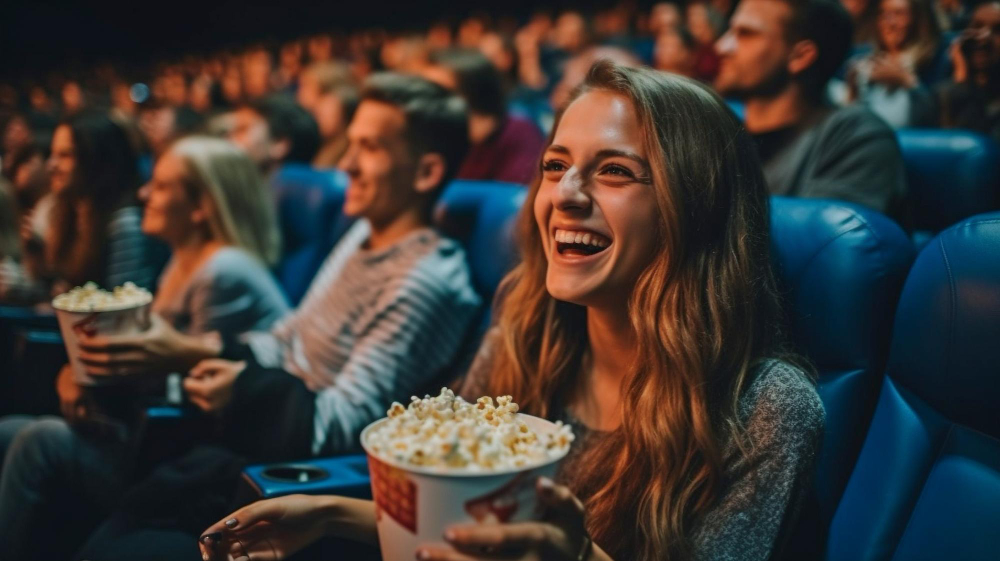 large group attractive individuals enjoying themselves while eating snacks watching movie generative ai