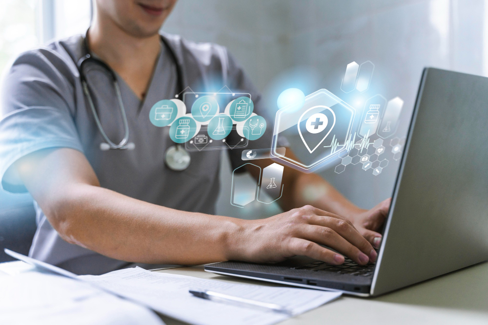 medical banner with doctor working laptop