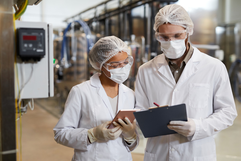 waist up portrait two workers wearing masks lab coats while discussing production chemical plant copy space ()