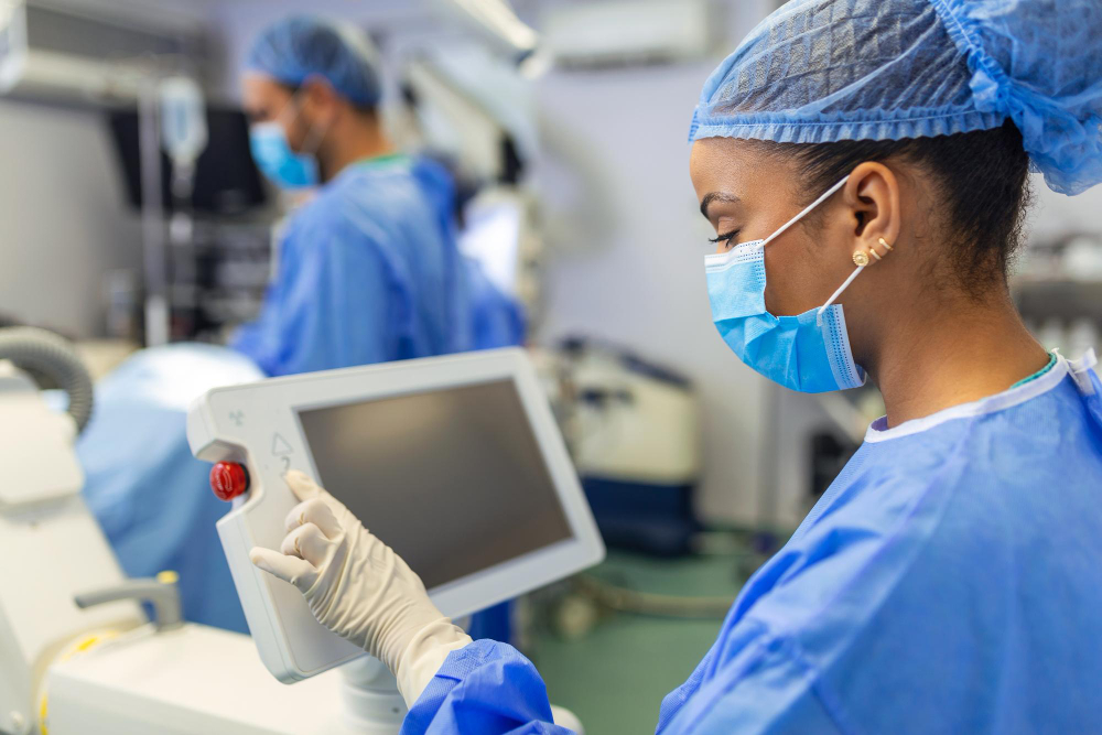 female surgeon with surgical mask operating room using d image guided surgery machine
