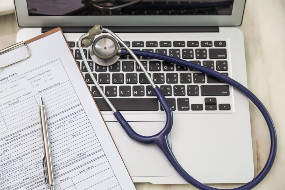 top view laptop with stethoscope
