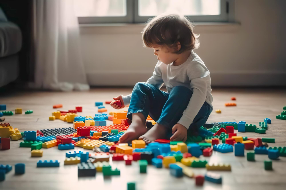 world autism awareness day child playing with colorful puzzles empty white room generative ai illustration
