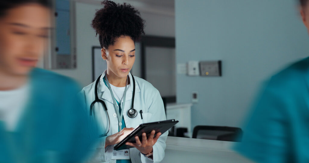 Tablet, healthcare doctor and happy woman typing online research, medicine study and smile for wellness, test exam results Hospital web info, scroll and nurse reading clinic review, feedback or news